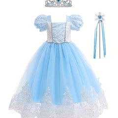 Princess Halloween Costume Dress Up Girls Fairy Tale Lace Embroidered Puff Sleev