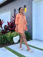 Striped Print Two piece Set Button Front Shirt & Shorts