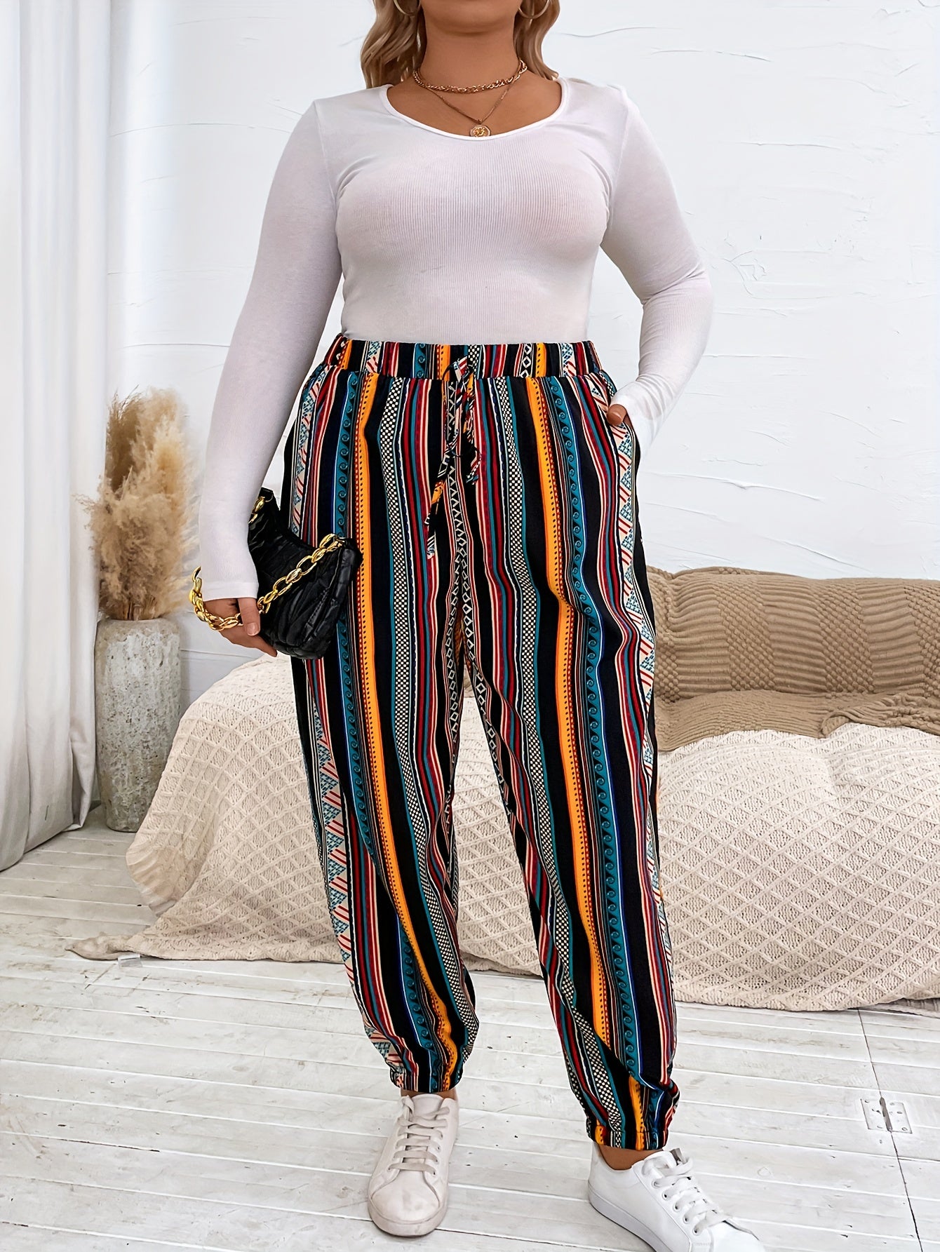 Ethnic Style Pants Women's Plus Patchwork Print Elastic High Rise