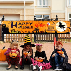 Large Happy Halloween Banner Graveyard Background Orange Party Decoration