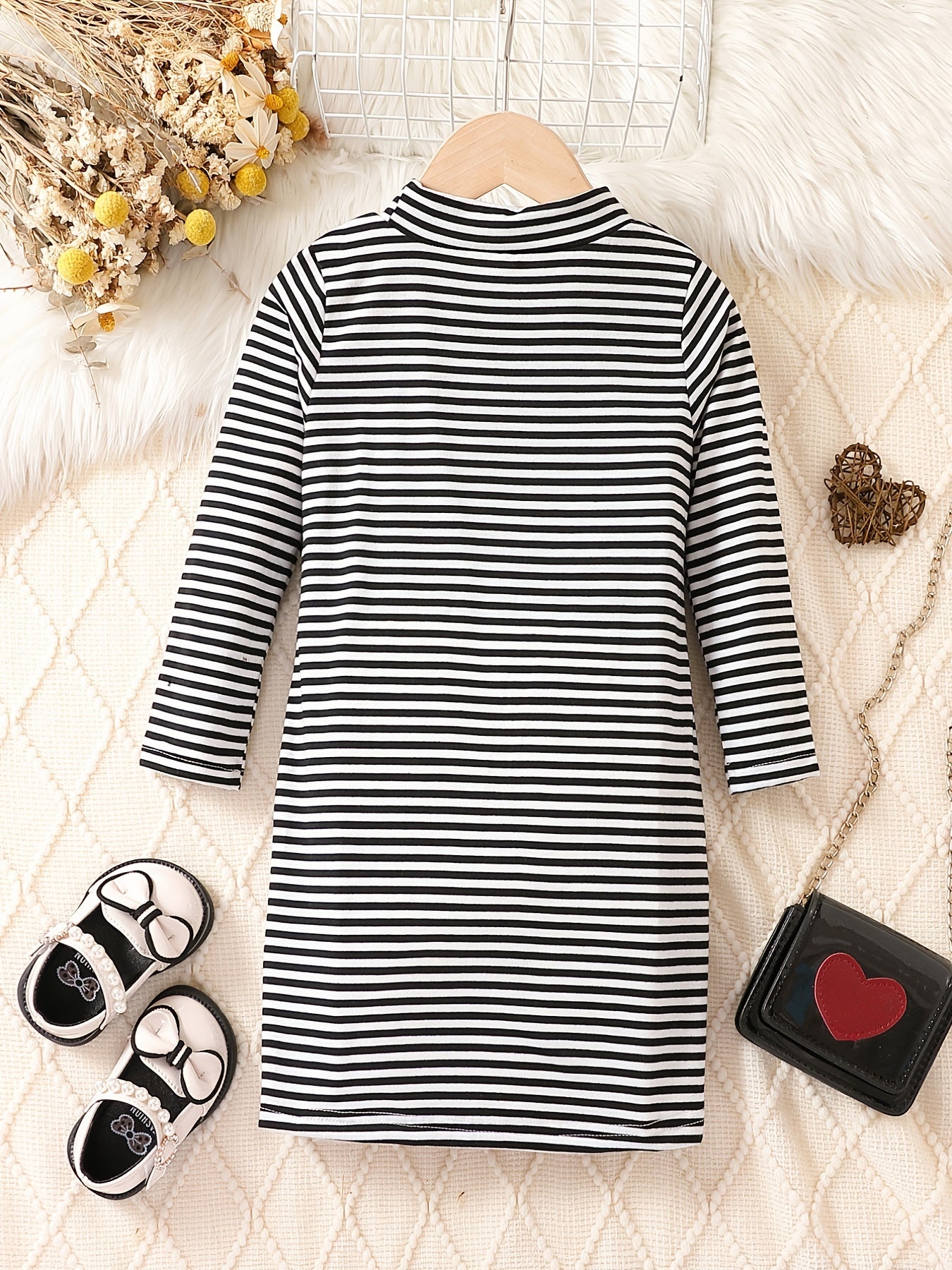 Girls' Long Sleeve Striped Mock Neck Dress