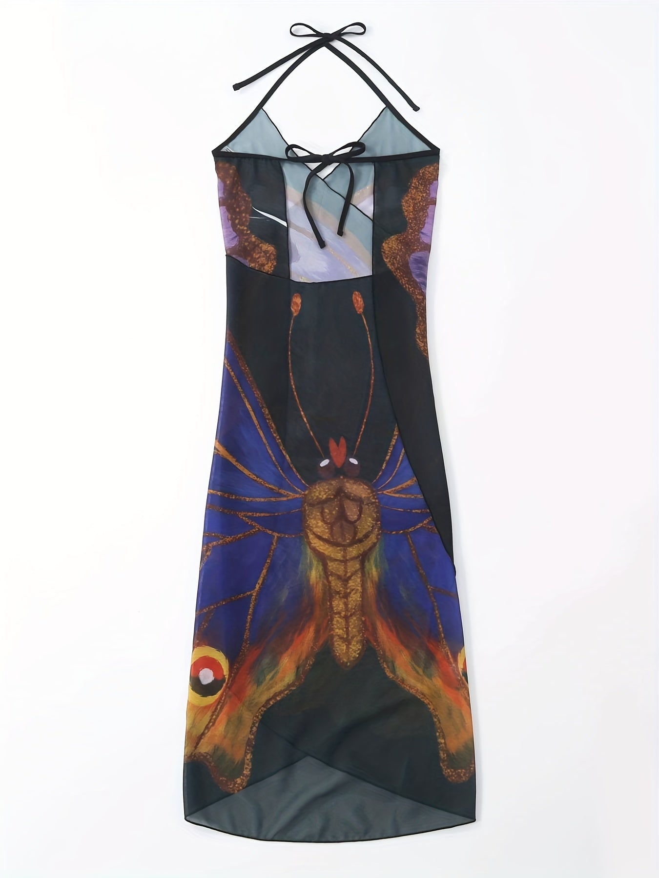 Butterfly Print Cover Up Dress Halter V Neck Tie Back Beachwear Dress