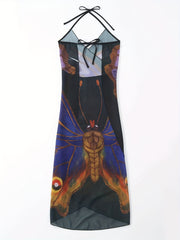 Butterfly Print Cover Up Dress Halter V Neck Tie Back Beachwear Dress