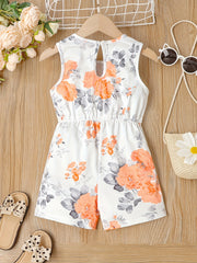 Toddler Girls Flower Print Sleeveless Jumpsuit Shorts With Bow Waist