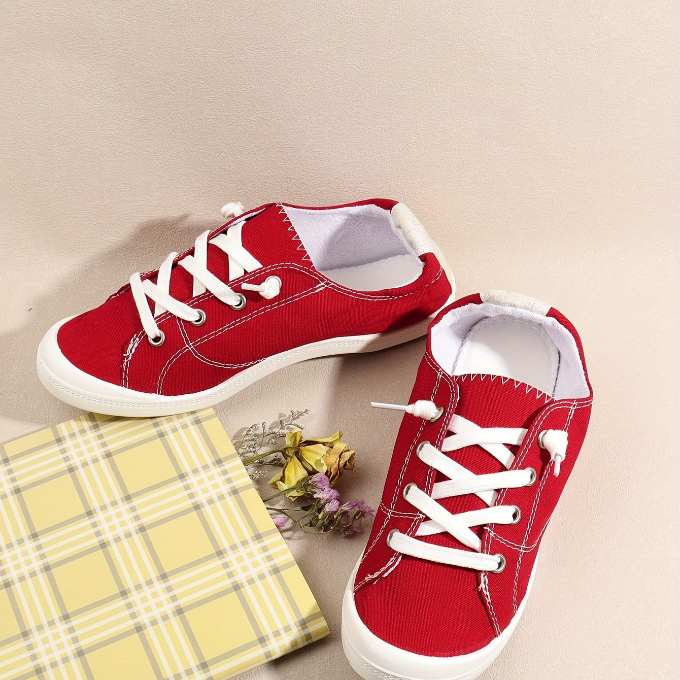 Women's Red Canvas Casual Lace Up Outdoor Shoes