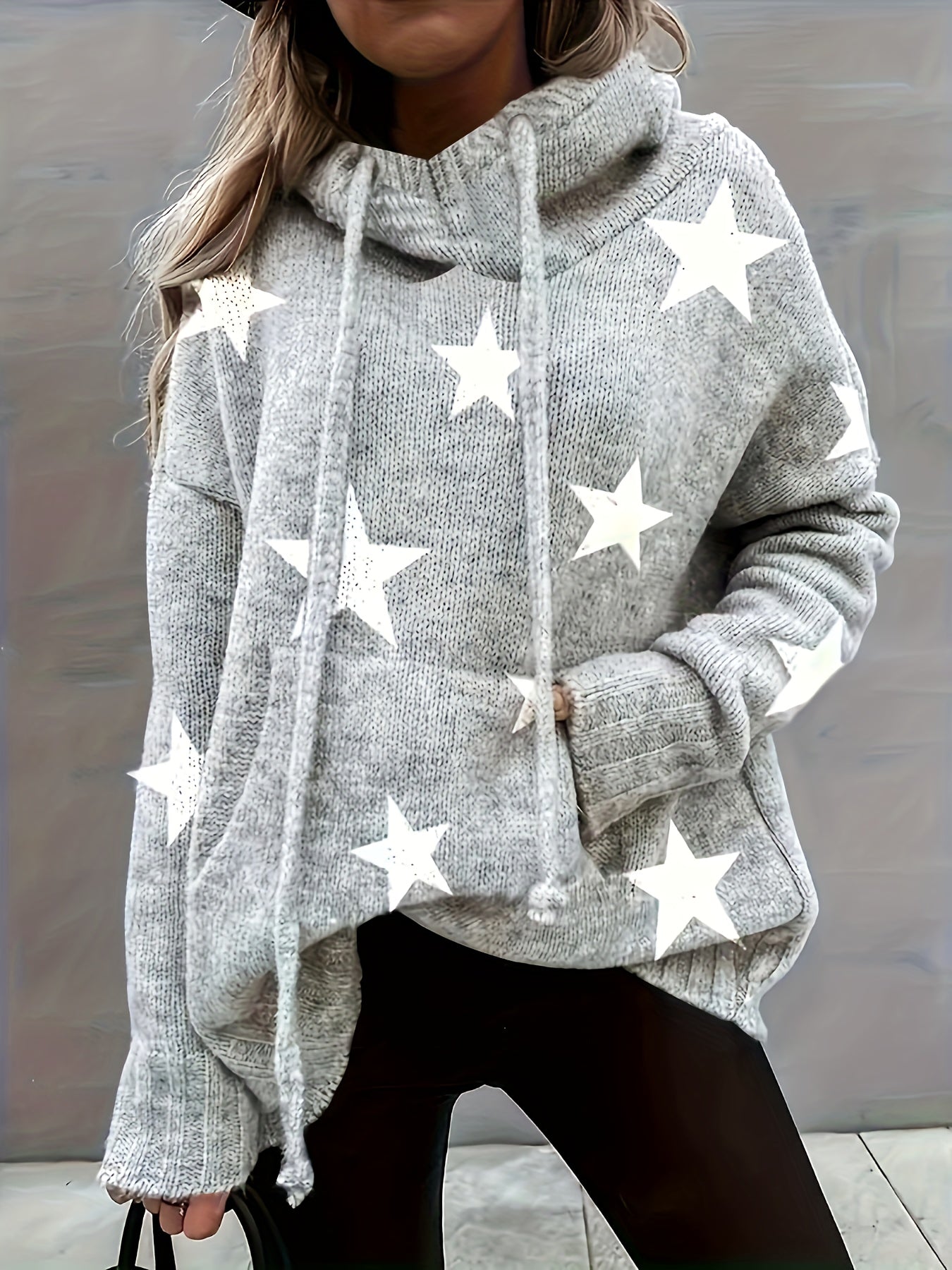 Star Print Long Sleeve Hoodie Sweater With Pockets