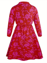 Floral Print Button Up Long Sleeve A-line Dress With Belt