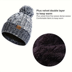 Winter Knitted Hat Scarf Set Velvet Lining Warm Beanies Pom Touch Screen Gloves
