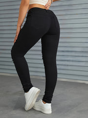 Solid Slim Fit Jeans Vintage Button High Stretch Trousers