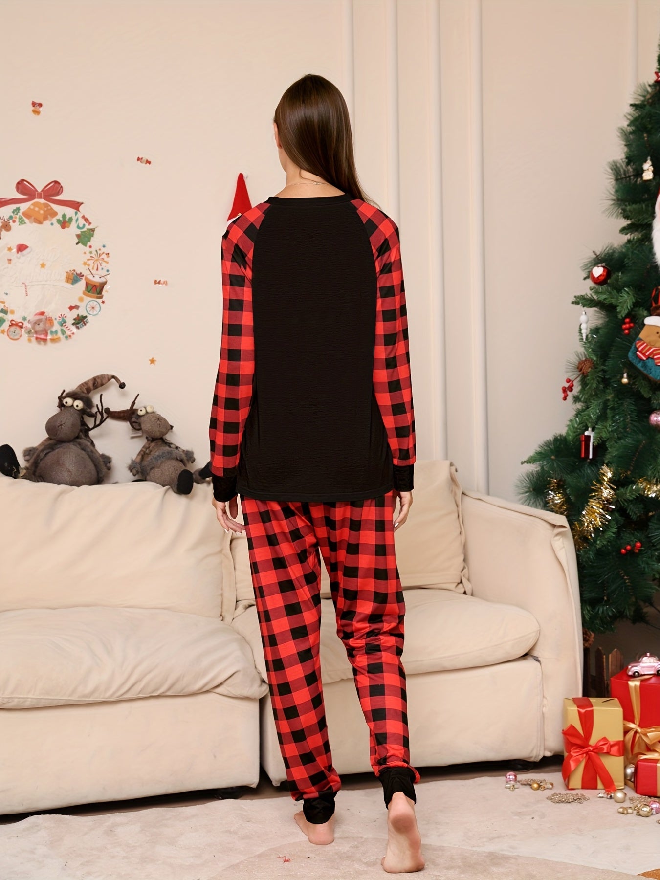Plaid Print Christmas Pajama Set Long Sleeve Top & Pants Women's Sleepwear