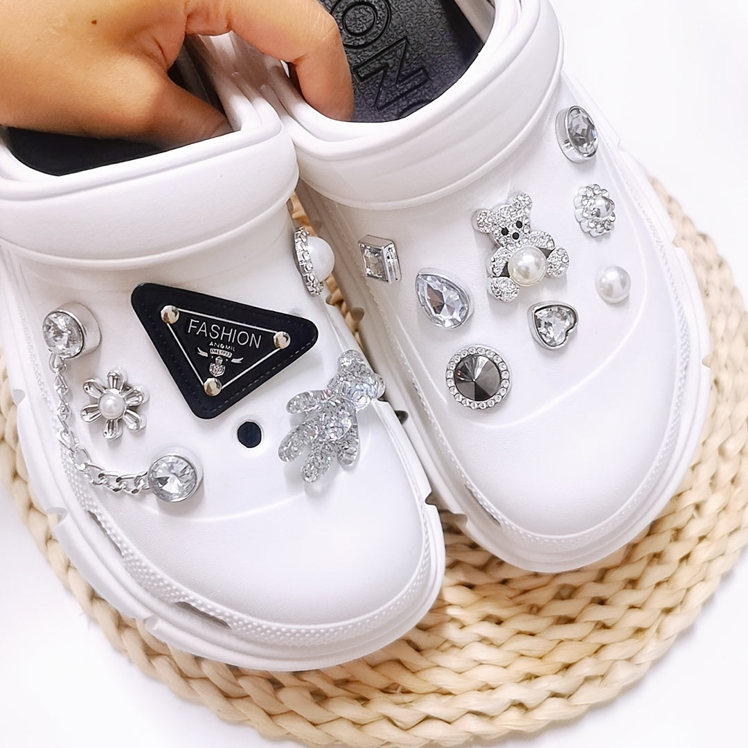Triangle Silver Pearl Bear Rhinestone Shoe Decor Set