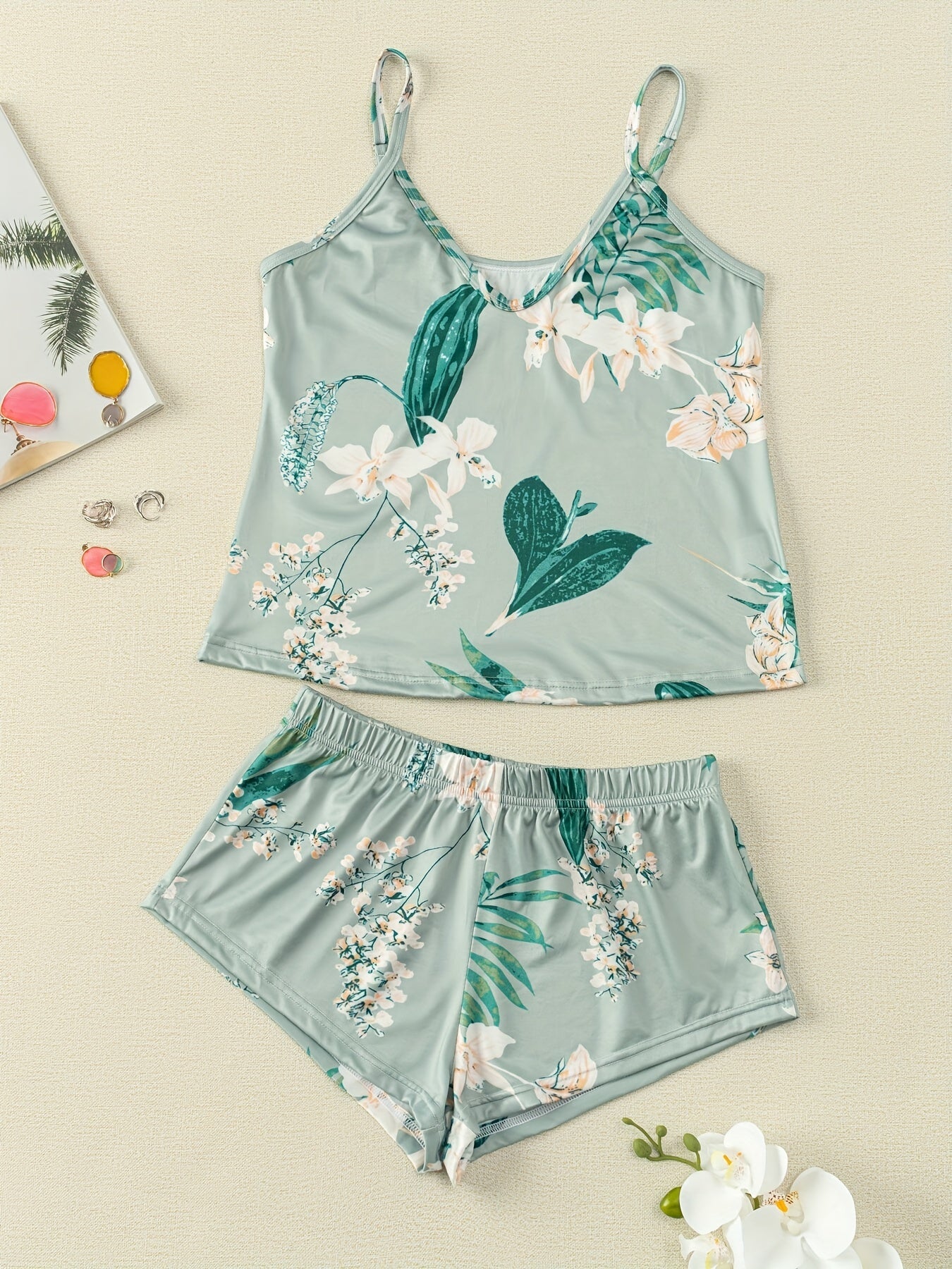 Floral Print Pajama Set V Neck Cami Top & Shorts