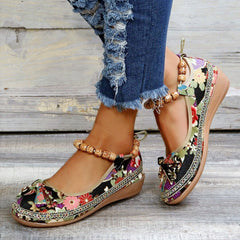 Floral Print Flat Shoes Ankle Strap Slip On Casual Walking Shoes