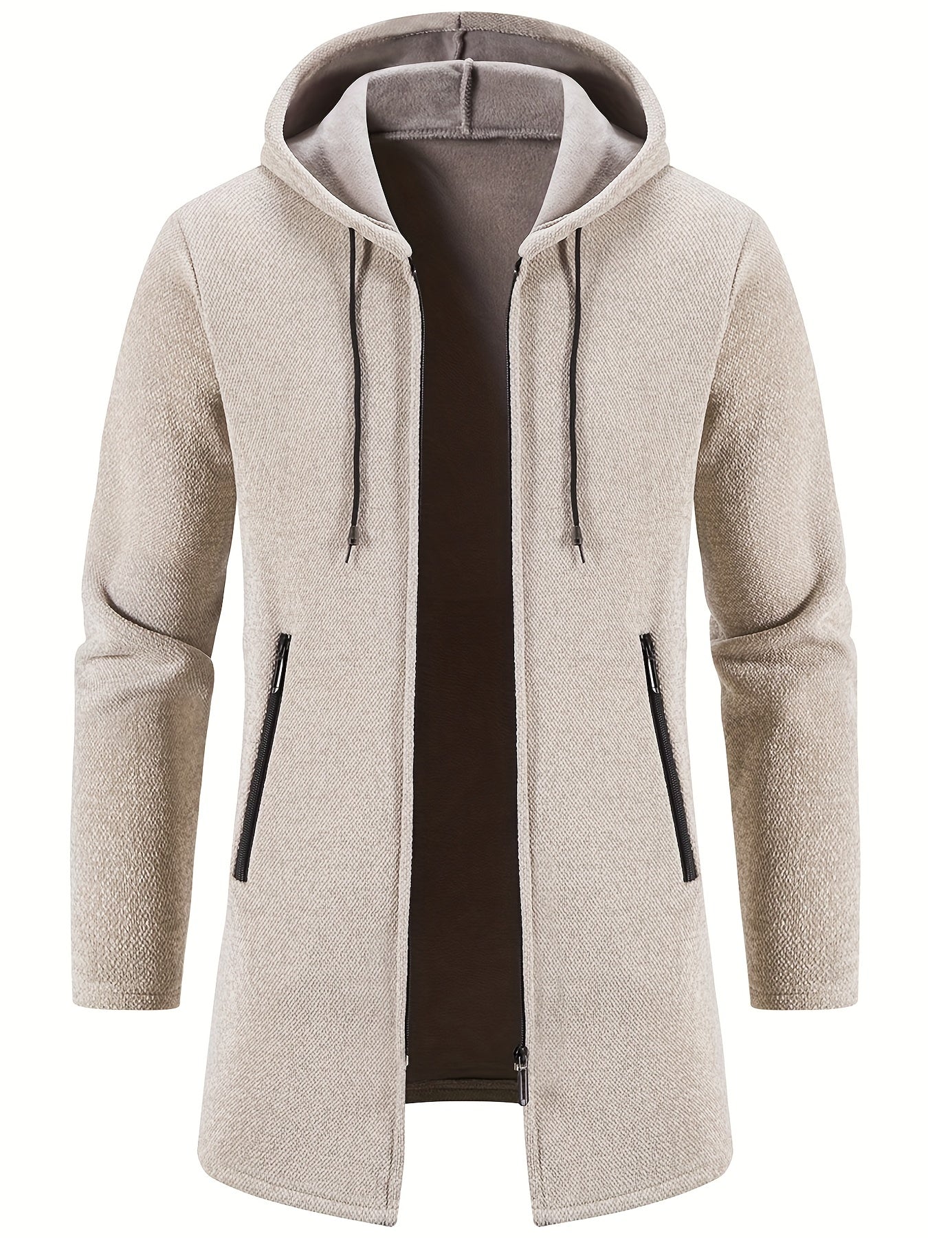 Men's Mid-Length Hooded Fleece Coat - Solid Zip-Up Cardigan