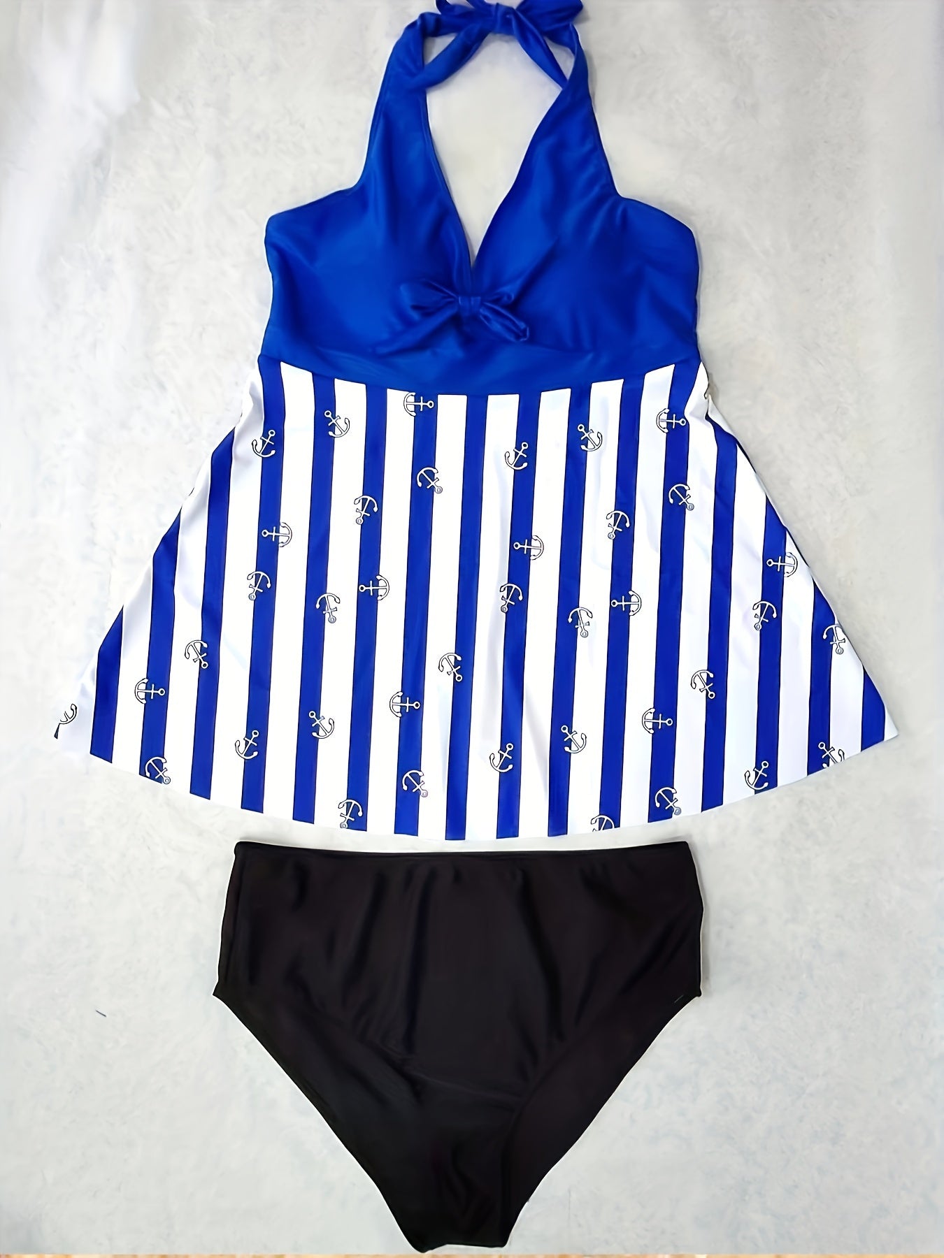 Colorblock Stripe & Anchor Print Tankini Set
