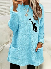 Cat Print Fuzzy Sweatshirt Crew Neck Long Sleeve With Pockets