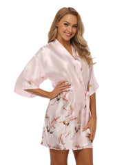 Crane Print Night Robe Long Sleeve V Neck Robe With Belt Women's Sleepwear