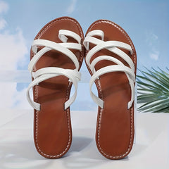 Women's Toe Loop Slide Sandals Cross Strap Slip On Flats Beach Shoes