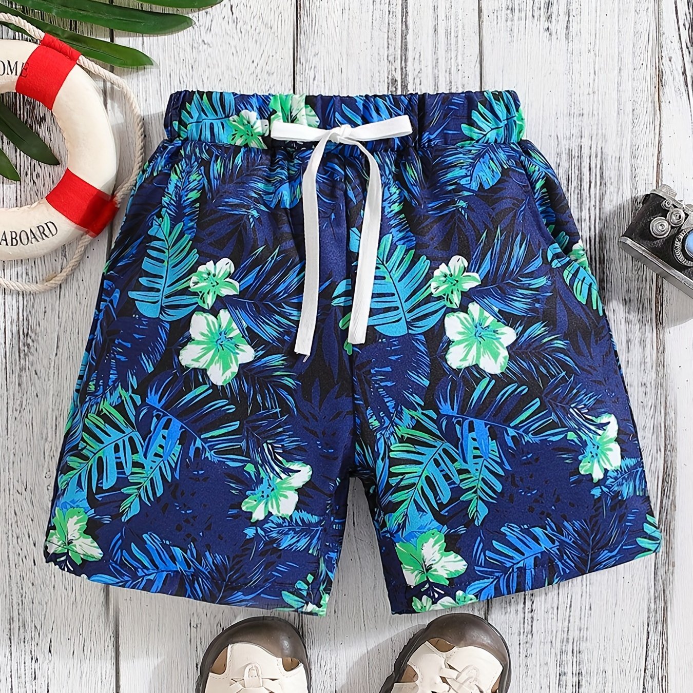 Boys Leaf & Flower Print Shorts for Vacation Beach Summer Clothes