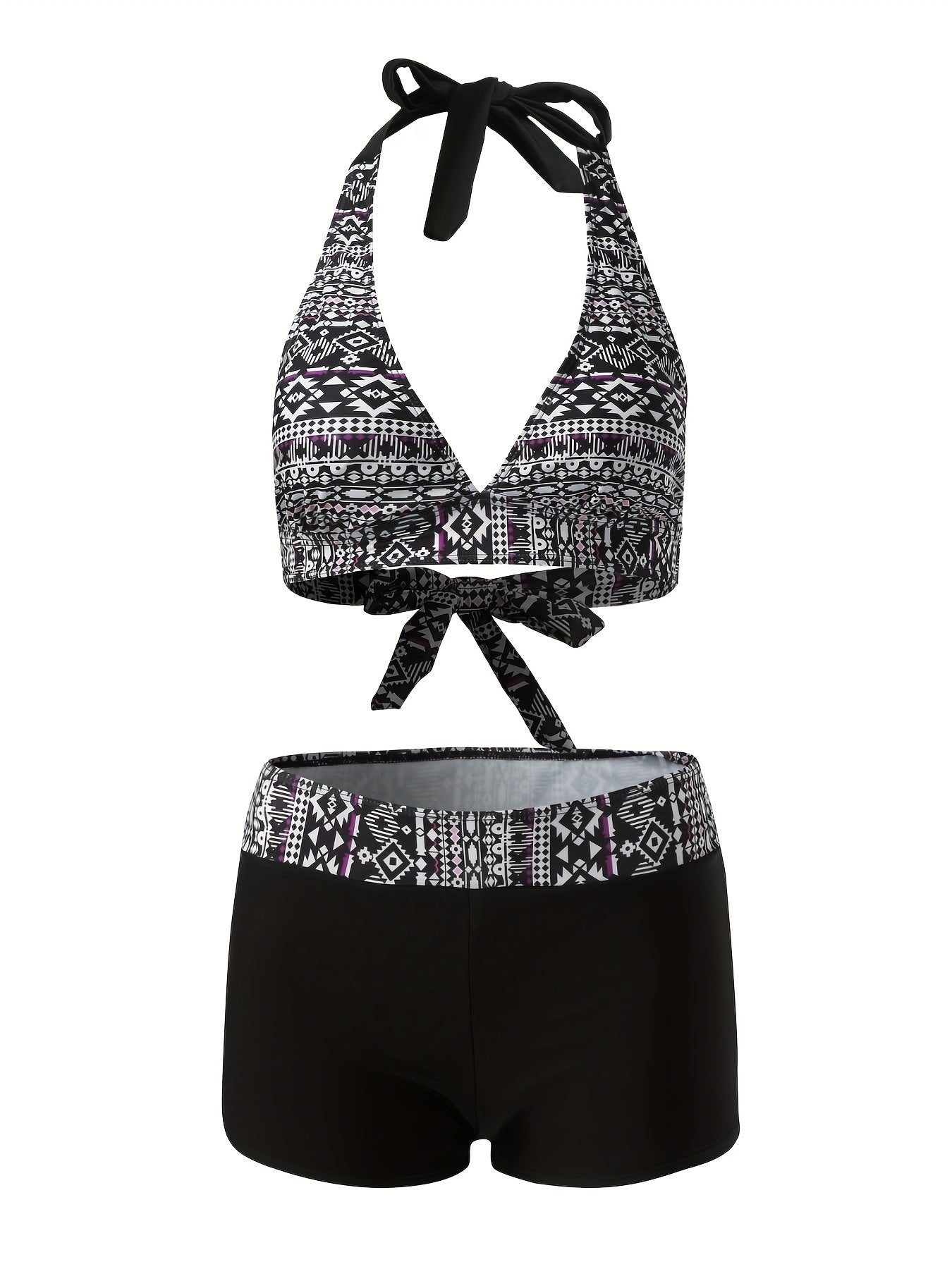 Geometric Print V Neck Halter Bikini Set Tie Back Neck 2 Piece Bathing Suit Swim