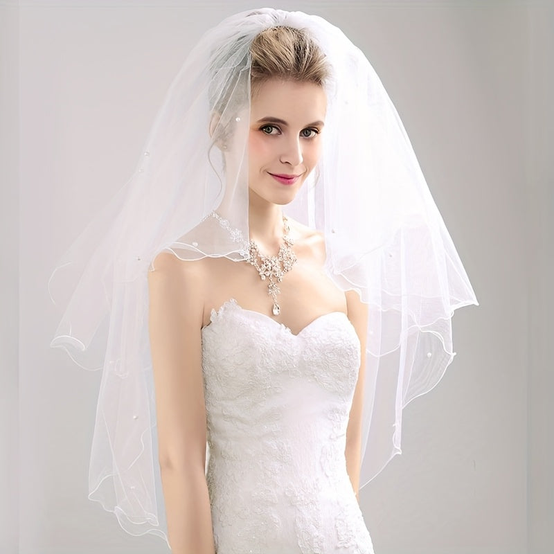 Bridal Veil with Beaded Embellishments Two Layer Lace Overlay for Weddings