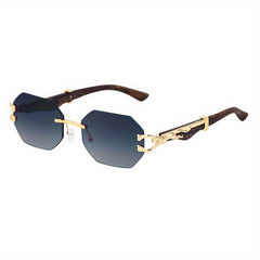 Vintage Wood Grain Square Rimless Sunglasses Leopard Temples