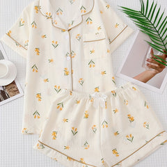 Floral Print Pajama Set Short Sleeve Top & Shorts Women's Sleepwear