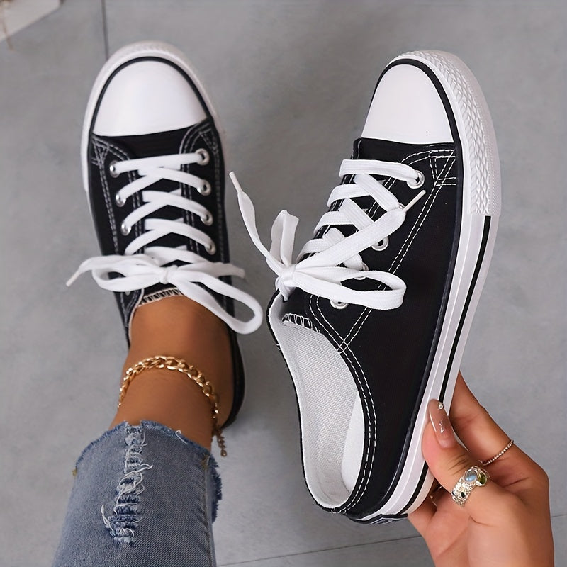 Women's Classic Mule Canvas Sneakers Casual Lace Up Low Top Slip On Shoes