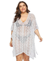 Plus Size Eyelet Embroidery V Neck Tassel Trim Beach Cover Up Dress