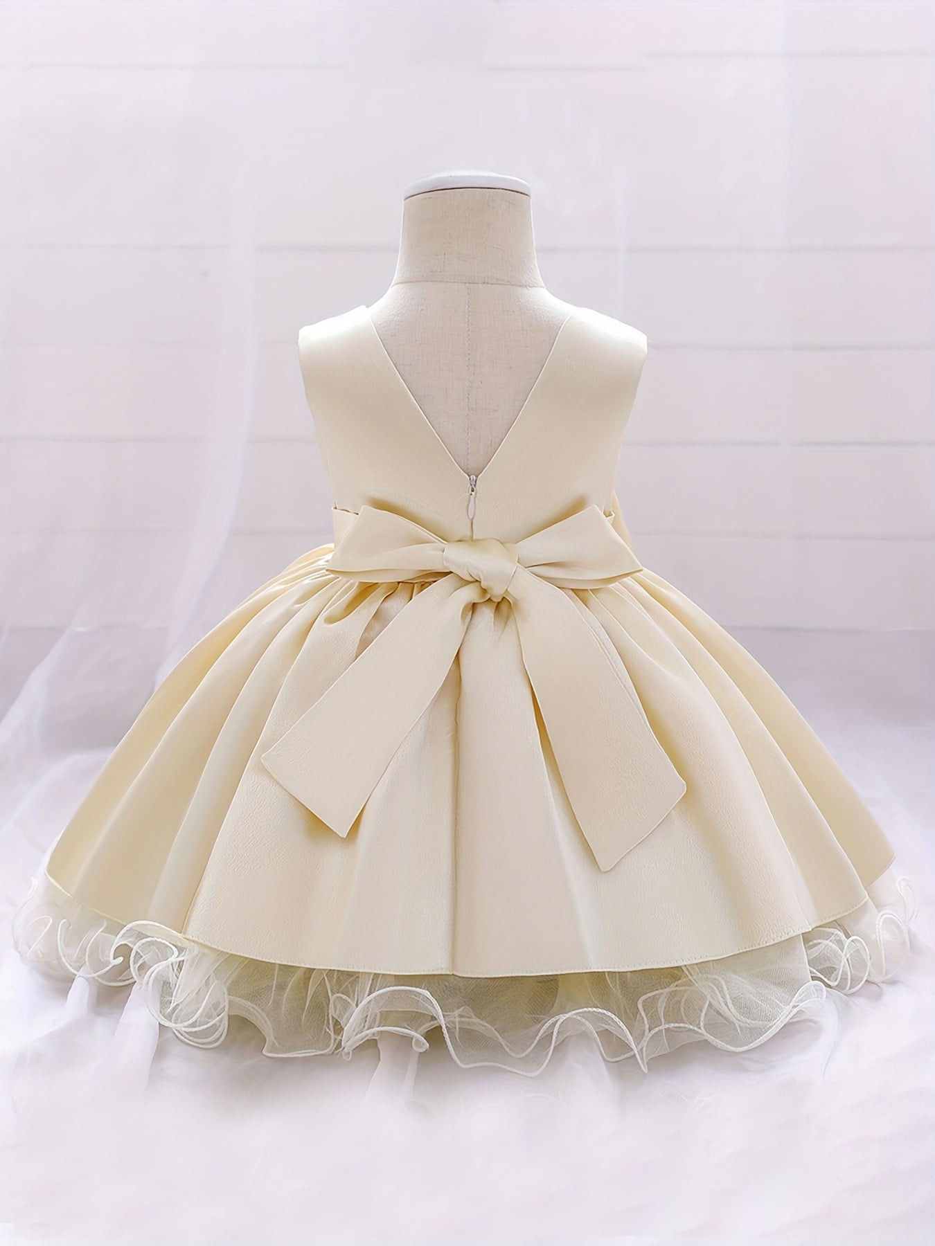 Baby Girls Princess Dress with Bowknot V Neck Mesh Trim