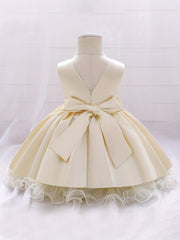 Baby Girls Princess Dress with Bowknot V Neck Mesh Trim