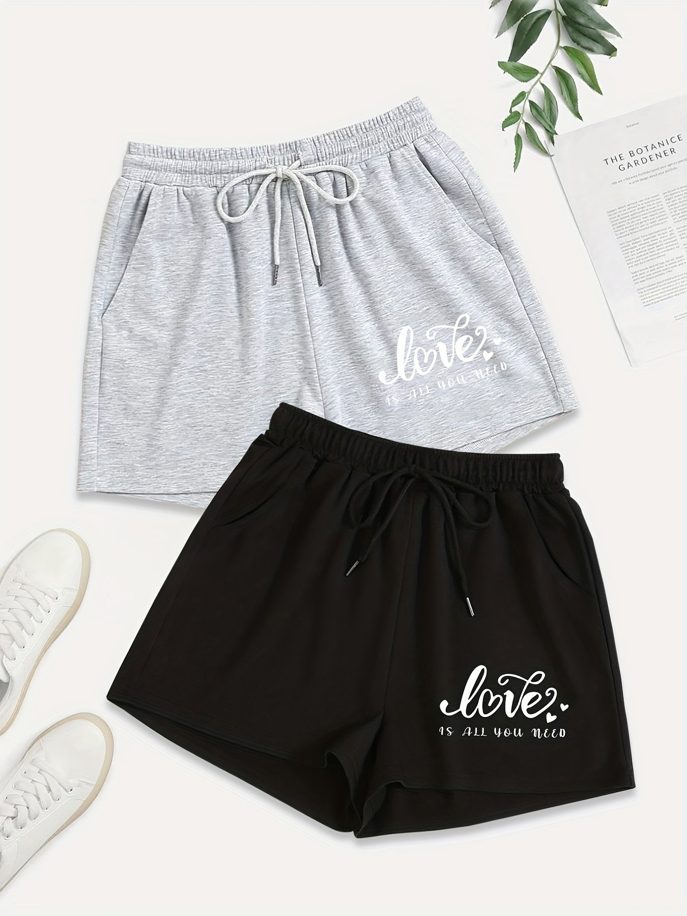 2 Pack Plus Size Casual Shorts Women's Plus Heart & Letter Print Drawstring