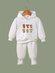 Cartoon Owls Print Hoodie & Pants Set Girl's Sporty Clothes