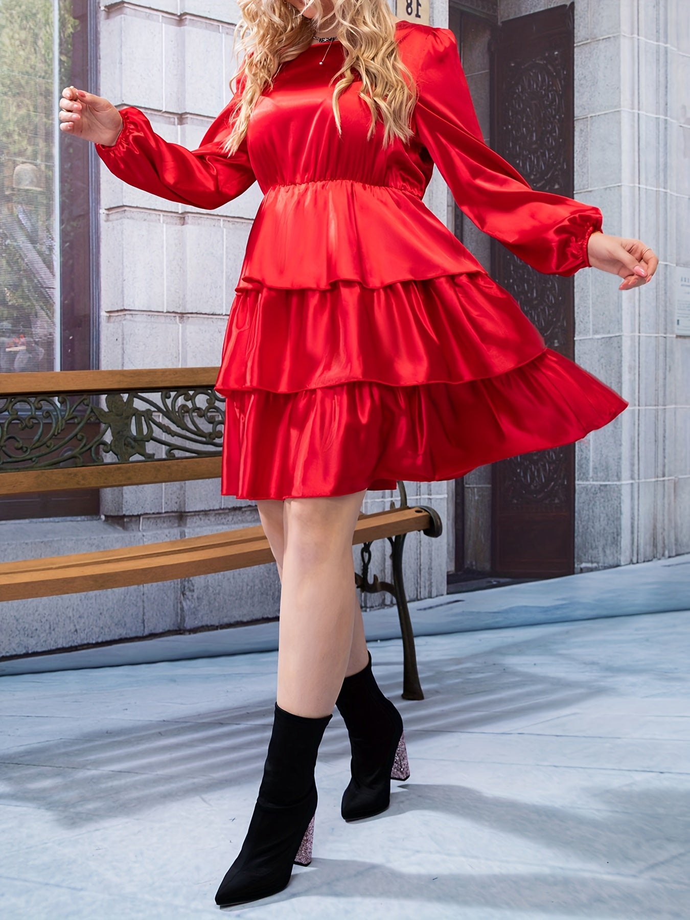 Solid Lantern Sleeve Ruffle Trim Dress