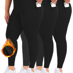 3 Pack Plus Size Casual Leggings Set Women's Plus Solid Liner Fleece Wideban...