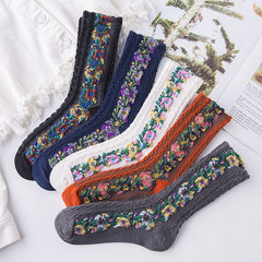 5 Pairs Ethnic Style Socks Floral Embroidery Mid Tube Women's Stockings