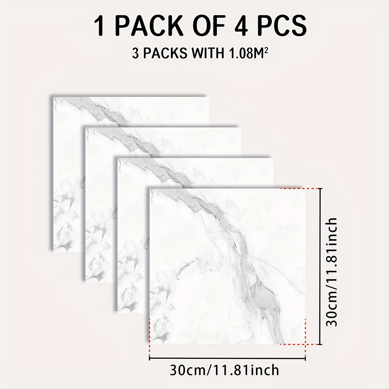 4pcs Marble Pattern Tile Stickers - Waterproof Non-slip Self-adhesive Wall