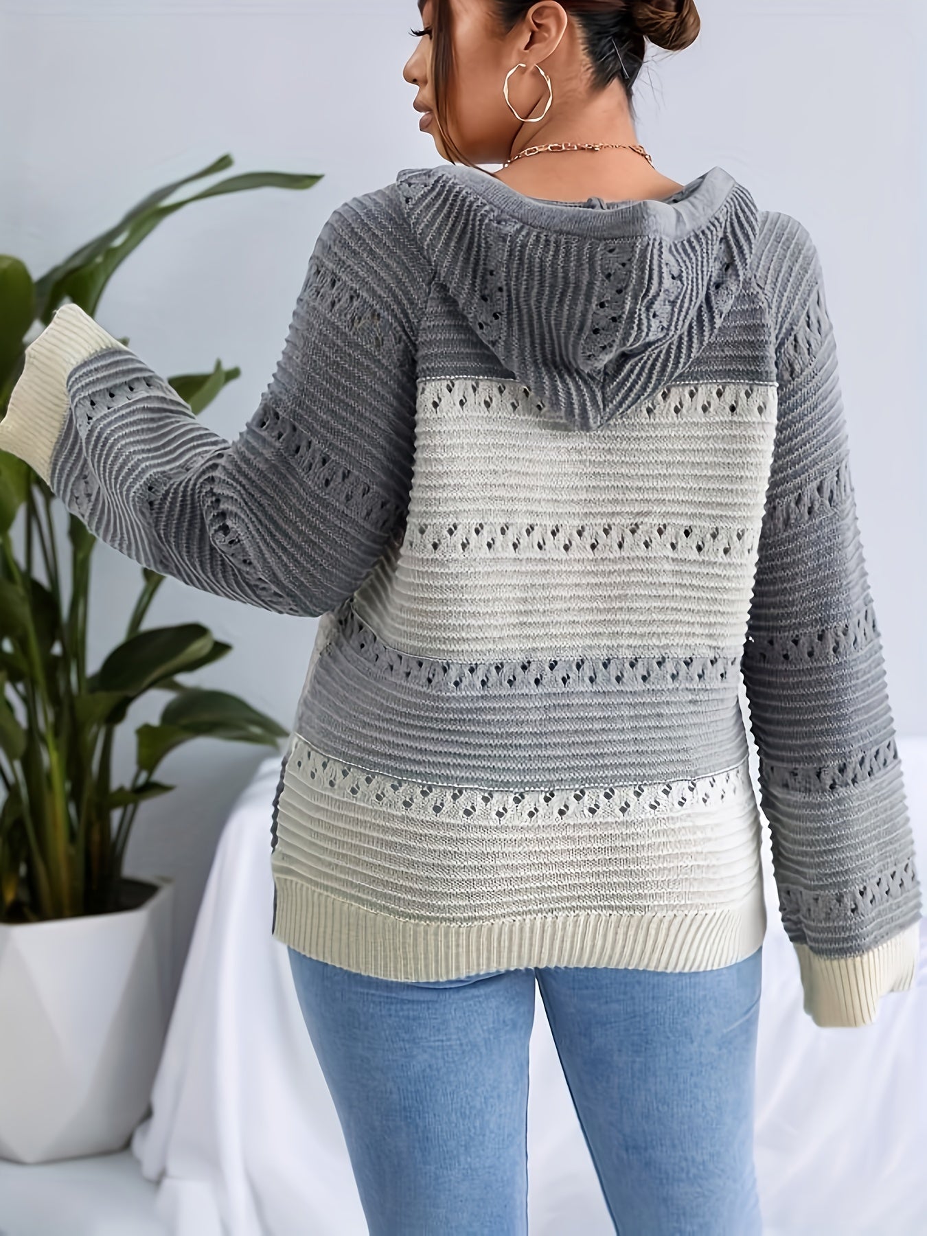 Colorblock Long Sleeve V Neck Hooded Drawstring Sweater