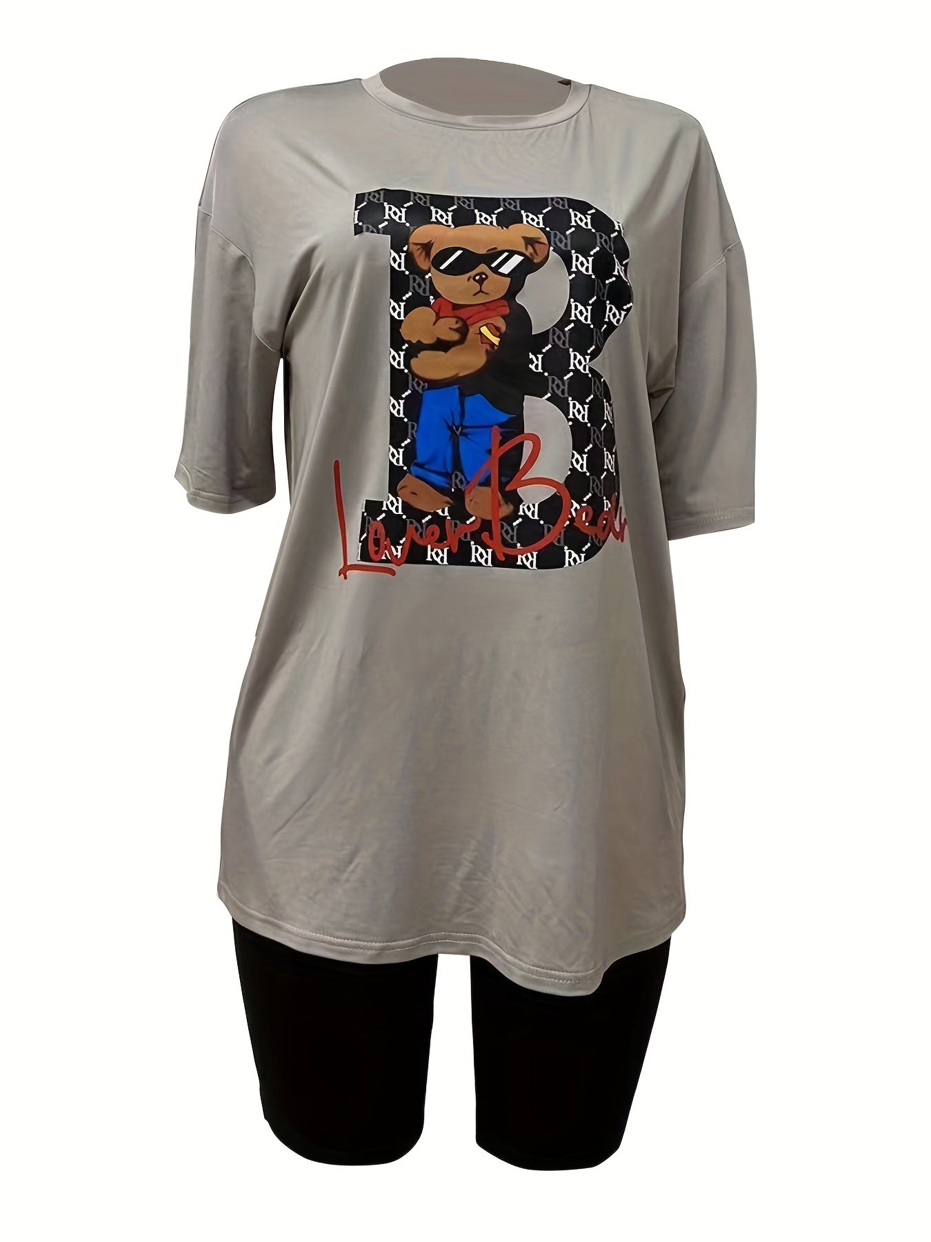 Cartoon Bear Print Tee & Solid Shorts Set