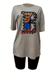 Cartoon Bear Print Tee & Solid Shorts Set