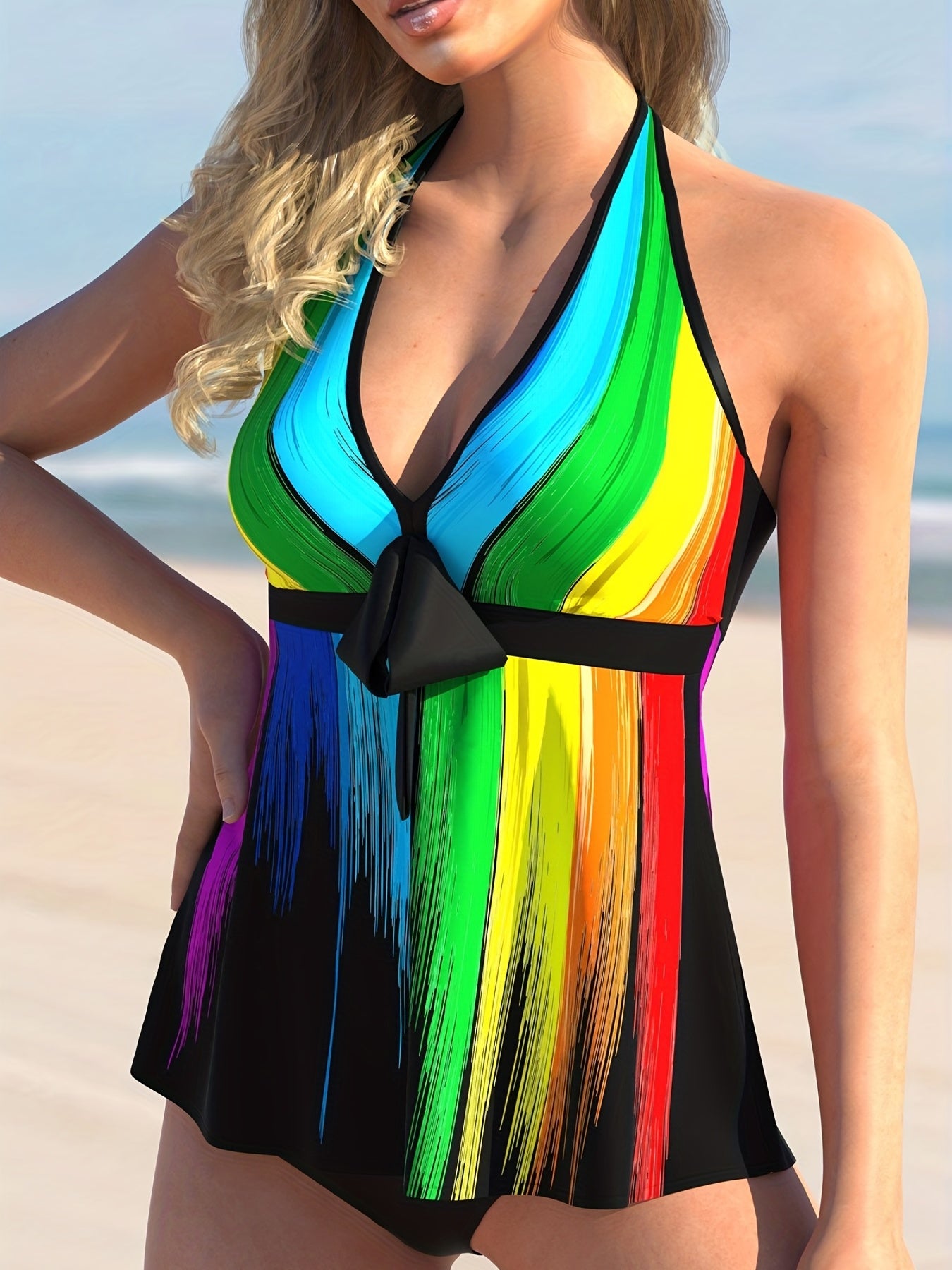 Rainbow Stripe Bow Front Halter Top & Panty Swimsuit Set