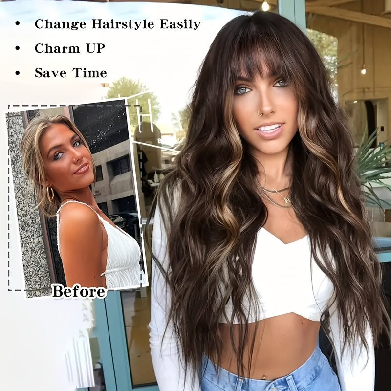 Brown Highlight Wig With Bangs Long Wavy Hair Wig Curly Synthetic Wigs
