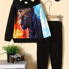 Leopard Graphic Boy's 2pcs Hoodie & Sweatpants Set Digital Pattern