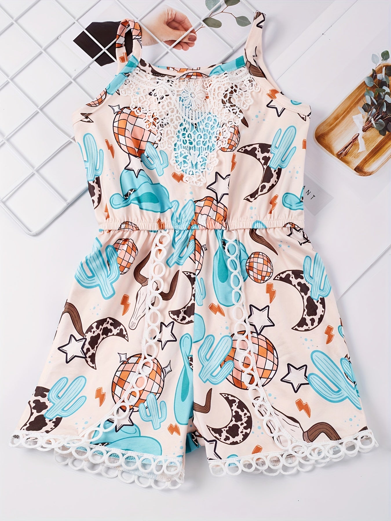 Toddler Girls Western Cowboy Cactus Cami Romper Jumpsuit