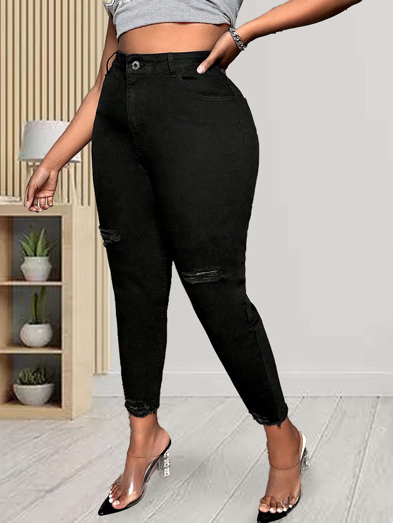 Ripped Fringe High Rise Skinny Jeans