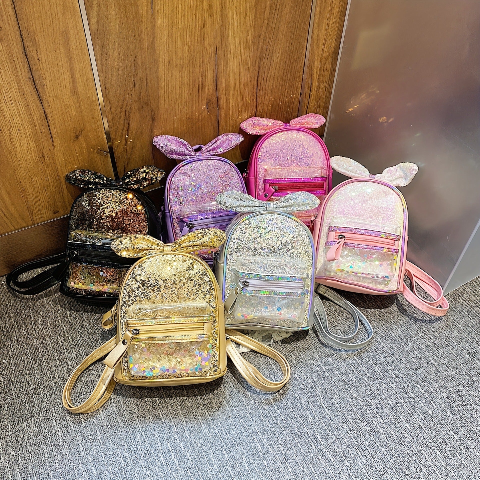 Girls Sequin Rabbit Ears Backpack PU Leather Schoolbag