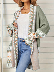 Geometric Print Open Front Cardigan with Pockets