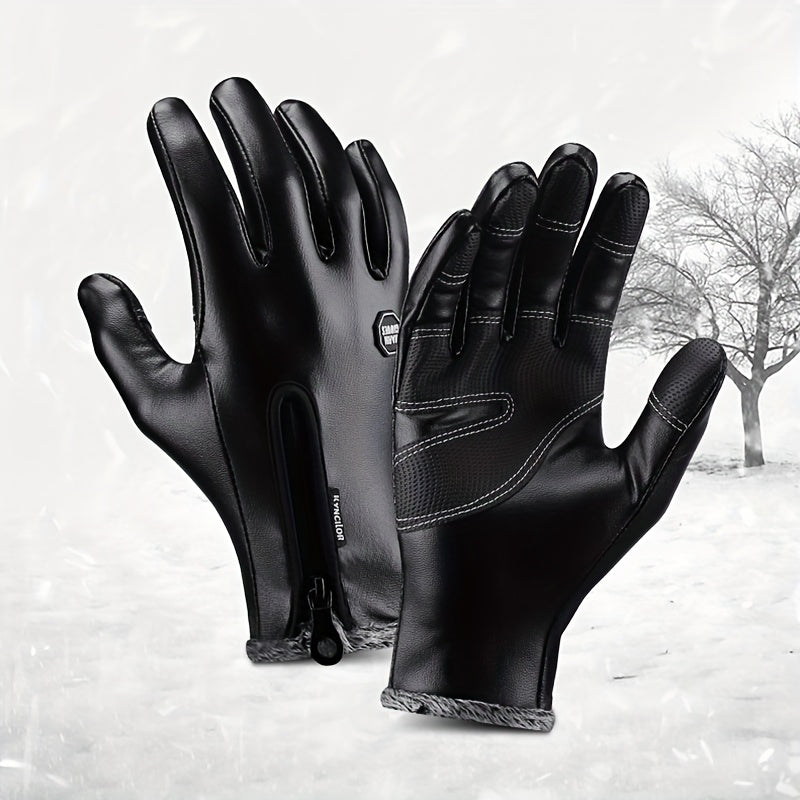 Men's PU Leather Winter Riding Gloves Windproof Touch Screen Ski Motorcycle