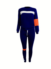 Strip Shirt & Pants Set Women's Casual Round Neck 2pcs Set