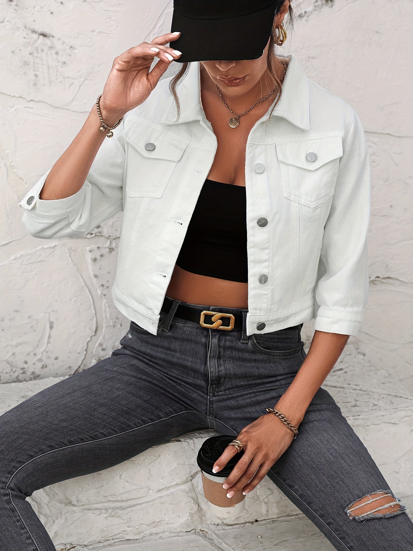 Flap Pockets Denim Jackets Single Breasted Button Non Stretch Lapel Denim Coats